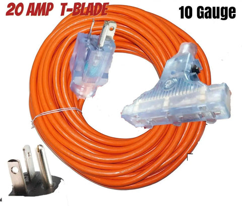 Beefy 20 Amp T Blade Extension Cord 10 Gauge 3 Conductor 50 Ft With Lighted End Triple Outlet Copper Wire 125V 2500W UL Listed Power Cord For Home And Job Site