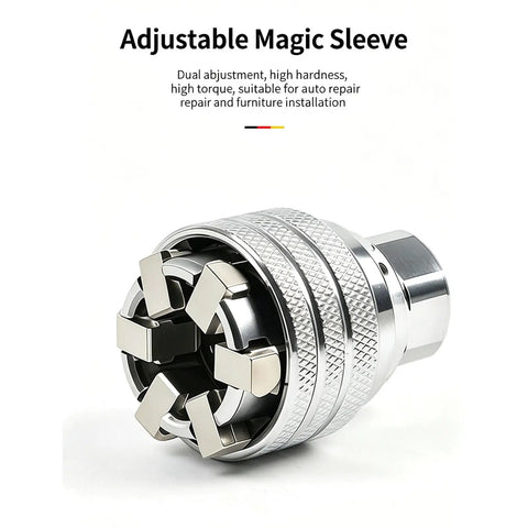 Adjustable Magic Sleeve featuring dual adjustment, high torque; part of 3/8 Inch Drive Socket Ratchet Wrench Set Two Piece Heavy Metal Tool Kit.