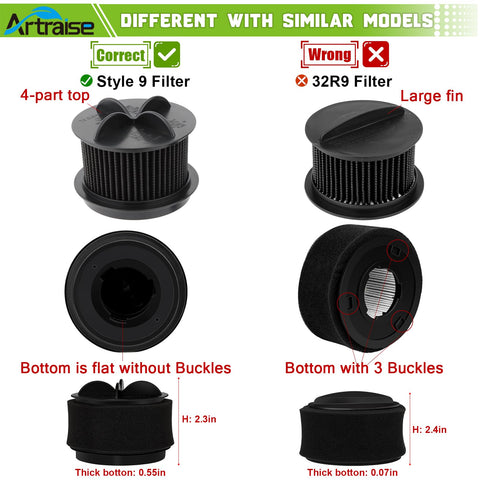 Comparison of Style 9 filter with flat bottom, correct for replacement filter kit for Bissell Style 9 10 12 and PowerForce bagless vacuums.