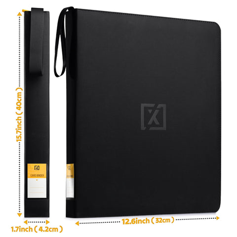 Top Load Card Binder For TCGs And Sports Cards, Holds 252 Toploaders, black slim ringless design with visible dimensions