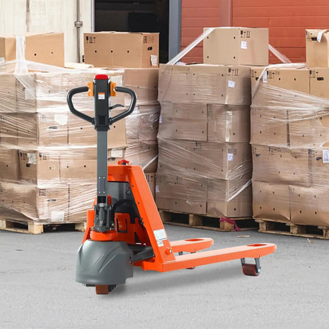 3300 Lb Electric Pallet Jack With 48 Inch Forks And Lithium Battery Powered Walking Truck for warehouse, with cardboard boxes in background.