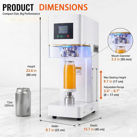 Automatic Can Seamer For Homebrew Beer And Sodas Heavy Duty 140W Electric Sealer Adjustable 250 Ml 330 Ml 500 Ml 650 Ml Cans 20 Cans Per Minute Leak Proof Airtight Seal White Beast Mode Ready with dimensions