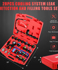 Radiator Coolant Pressure Tester Kit With Vacuum Refill Tool And 28 Piece Adapters For Cars And Trucks in red carrying case