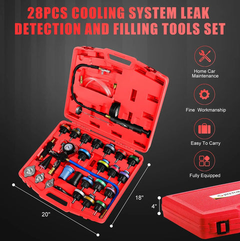 Radiator Coolant Pressure Tester Kit With Vacuum Refill Tool And 28 Piece Adapters For Cars And Trucks in red carrying case