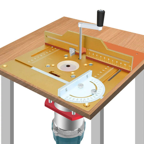 Heavy Duty Aluminum Router Lift Plate With Precision Engraved Scale For Woodworking Trimming And Engraving Machines mounted on a wooden bench.