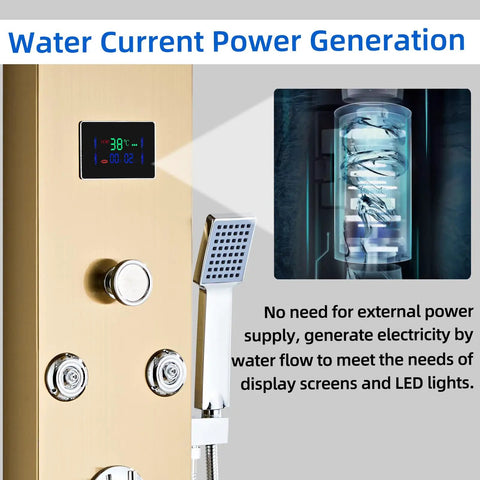 Heavy Duty Led Five In One Shower Panel Tower System With Brushed Gold Finish And Rock Solid 304 Stainless Steel Frame For Quick Hookup And Daily Showers