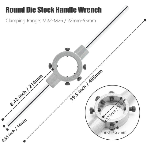 Round Die Stock Handle Wrench for Threading, Adjustable Die Wrench Holder, fits M22 through M26, 2.17 inch die holder.