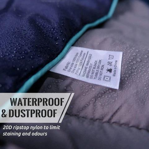 Close-up of the Outdoor Puffy Camping Blanket With Lightweight Down Alternative Fill in waterproof nylon with care label.