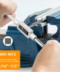 Heavy Duty 8 Piece Metric Thread Taps Set With Adjustable Tap Wrench High Speed Steel M3 Through M12 shown in use with a vice.