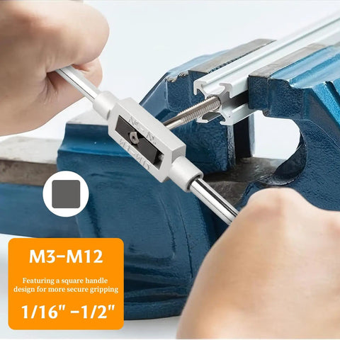 Heavy Duty 8 Piece Metric Thread Taps Set With Adjustable Tap Wrench High Speed Steel M3 Through M12 shown in use with a vice.