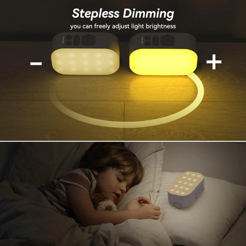 Beast Bright 1000 Lumen LED Camping Lantern With 6400mAh Rechargeable Battery on nightstand, child sleeping nearby.