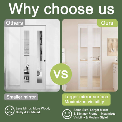 Comparison of white interior bifold doors, highlighting larger mirrored surface and modern design of the featured door on the right.