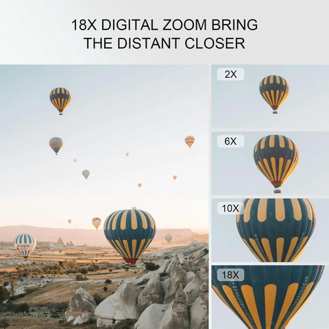 18X digital zoom example using hot air balloons, demonstrating the capability of the 64MP 4K 5K Digital Camera Kit With WiFi For YouTube Vlogging Front And Rear Dual Cameras For Easy Selfies, Includes 64GB Micro Card, Wide And Macro Lens, Card Reader, Kid Friendly Point And Shoot.