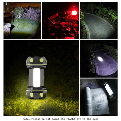 Beast Mode LED High Power Rechargeable Flashlight Lantern With 8 Modes shown illuminating various outdoor scenes