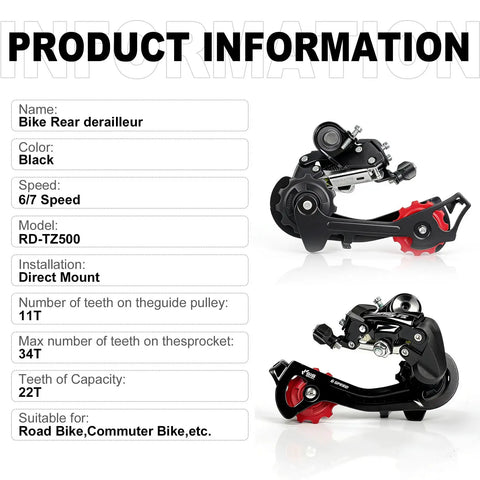Rear Derailleur Tourney RD TZ500 Six Seven Speed Direct Mount, shown in black with red guide wheel, suitable for various bikes.