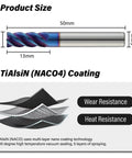 Diagram showing Pro Grade 5mm Nano Coated Tungsten Carbide End Mill With Four Flute Micro Grain For CNC Milling Cutter Bits For Stainless Steel HRC65 Metric Size Finishing And Semi Finishing Not For Roughing with TiAlSiN coating layers and dimensions.