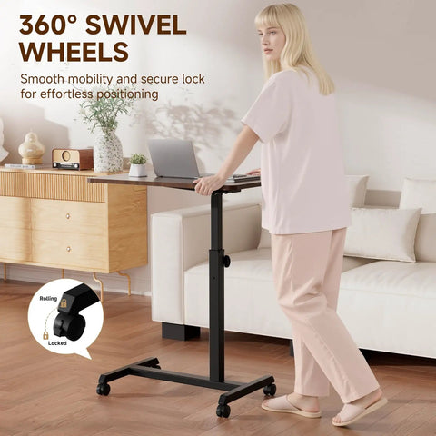 Compact Standing Desk On Wheels With Foldable 24 Inch Desktop Lockable Casters Adjustable Height in home setting
