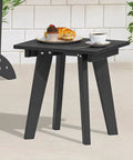 Weather Resistant HDPE Outdoor Side Table With Real Wood Grain Look for Small Patios Porch and Balcony Heavy Duty 200 lb Capacity Poolside Ready Easy Maintenance Black with coffee and pastry