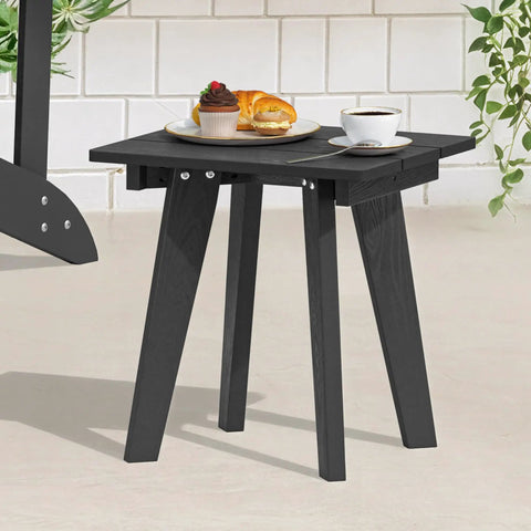 Weather Resistant HDPE Outdoor Side Table With Real Wood Grain Look for Small Patios Porch and Balcony Heavy Duty 200 lb Capacity Poolside Ready Easy Maintenance Black with coffee and pastry