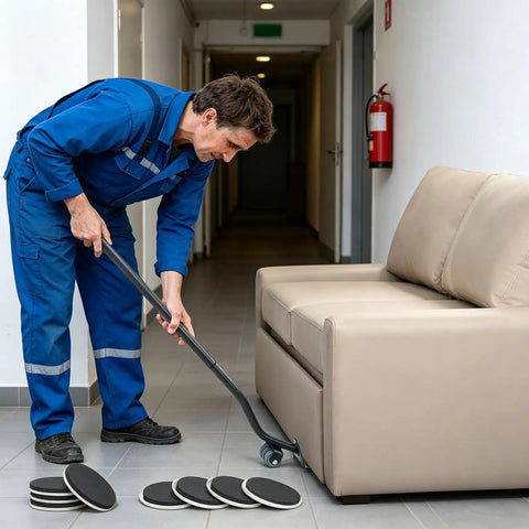 Man using ergonomic lifter tool with Super Easy Heavy Furniture Sliding Kit With Eight Premium Moving Pads And Ergonomic Lifter Tool For Sofa Fridge Machine Repositioning Without Strain.