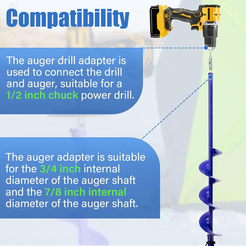 Two Stage Auger Adapter For Three Quarters Inch And Seven Eighths Inch Auger Shafts Alloy Steel Drill Attachment For One Half Inch Chuck Heavy Duty Ice Fishing Garden Hole Digging And Soil Drilling Quick Connect Design For Real DIYers, drill connected to auger