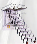 Badass Retractable Attic Ladder With Smooth Electric Telescoping Steps And Tough Carbon Steel Build, showing steps and measurements.