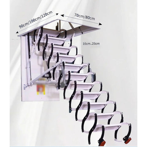 Heavy Duty Electric Retractable Attic Ladder Featuring Telescopic Folding Design And Wide Non Slip Treads Built With Solid Carbon Steel, showing step details and dimensions.