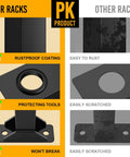 Comparison of rustproof Beefy Trailer Tool Rack Shovel Holder With Six Tool Holes And Rubber Grommets, highlighting durability.