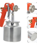 Slick Pneumatic Paint Sprayer Set For Car Body And Interior Walls And Furniture And Craft Projects, includes orange spray gun and silver canister.