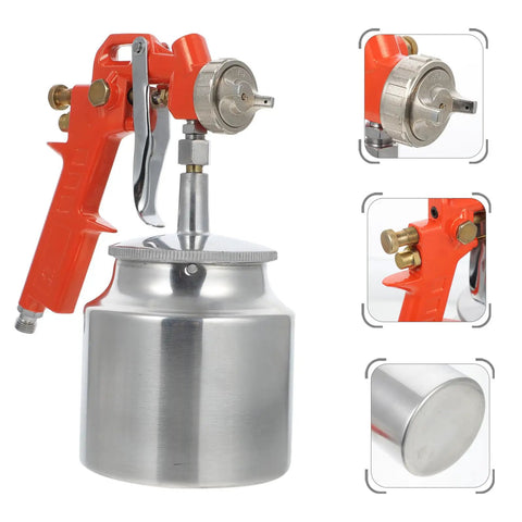 Slick Pneumatic Paint Sprayer Set For Car Body And Interior Walls And Furniture And Craft Projects, includes orange spray gun and silver canister.