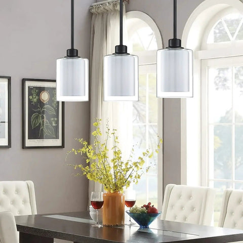 Two Pack 1 Light Indoor Hanging Kitchen Island Pendant Lights With 5 Inch Clear Frosted Glass Shades In Sleek Black Finish For Bar And Dining Room Over Sink