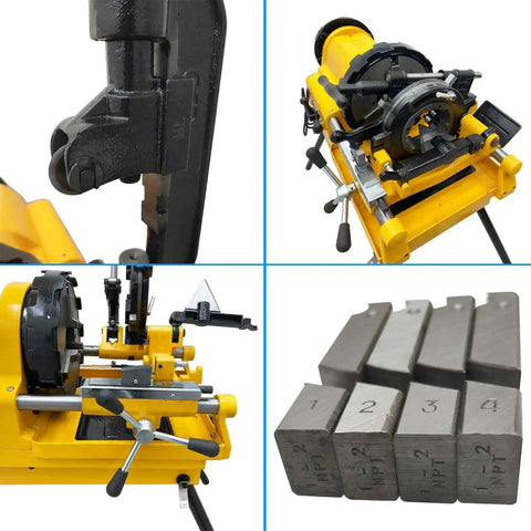 Built Tough Electric Pipe Threader Machine with NPT BSPT dies and yellow housing for cutting metal pipes.
