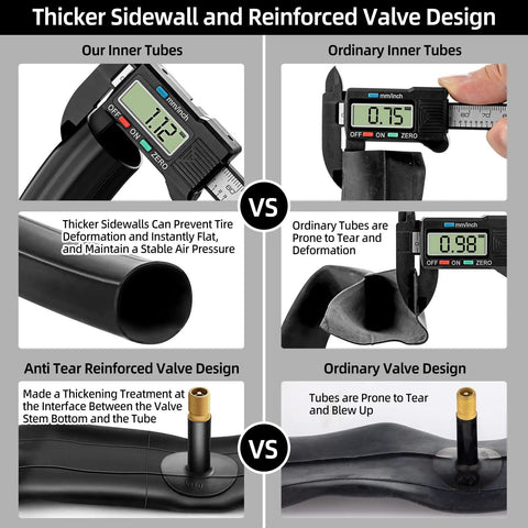 Comparison of 16 inch bike inner tubes for kids with thick sidewalls and reinforced Schrader valve next to ordinary tube.