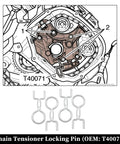 Diagram showing OEM T40071 chain tensioner pin from DIY Ready Pro Grade Camshaft Locking And Timing Tool Kit For VW And Audi Engines