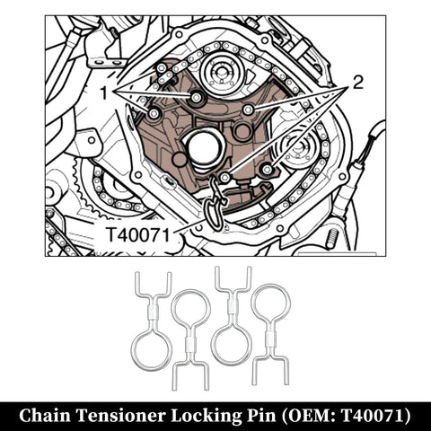 Diagram showing OEM T40071 chain tensioner pin from DIY Ready Pro Grade Camshaft Locking And Timing Tool Kit For VW And Audi Engines