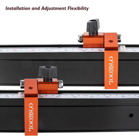 Expandable 68 Inch Miter Saw Fence System With Adjustable Flip Stop And Dual Scale Tape, Aluminum Track close-up view