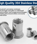 Rivet Nut Kit With 300 Pcs Metric And SAE Rivet Nuts M3 Through M12 And 8-32 Through 1/4-20 In 304 Stainless Flat Head Nutserts For DIY Gearheads Auto Repair Bikes And Home Projects, showing stainless steel nutserts in various sizes.