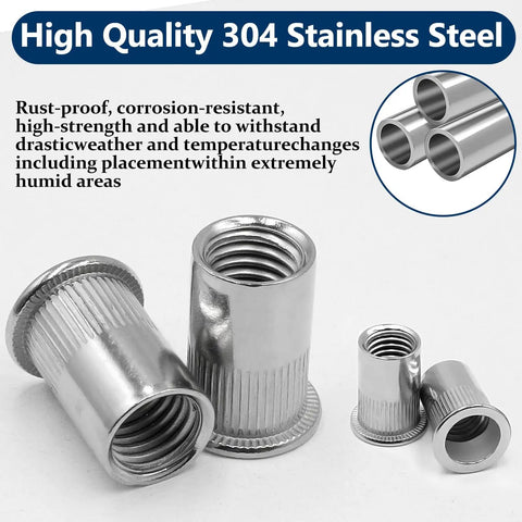 Rivet Nut Kit With 300 Pcs Metric And SAE Rivet Nuts M3 Through M12 And 8-32 Through 1/4-20 In 304 Stainless Flat Head Nutserts For DIY Gearheads Auto Repair Bikes And Home Projects, showing stainless steel nutserts in various sizes.