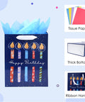 Close-up of Eight Pack Birthday Gift Bags With Ribbon Handles And Tissue Paper, featuring colorful candle design and thick bottom.