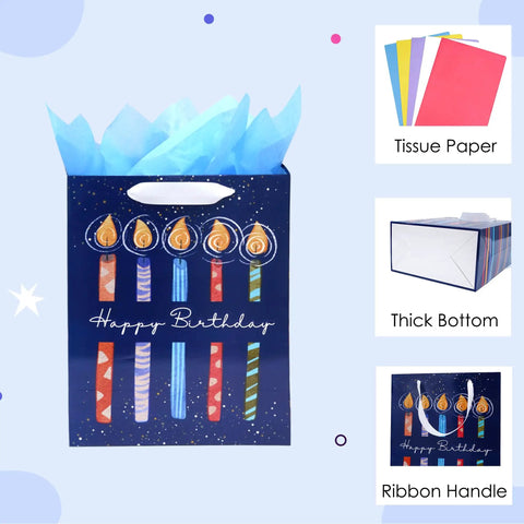 Close-up of Eight Pack Birthday Gift Bags With Ribbon Handles And Tissue Paper, featuring colorful candle design and thick bottom.