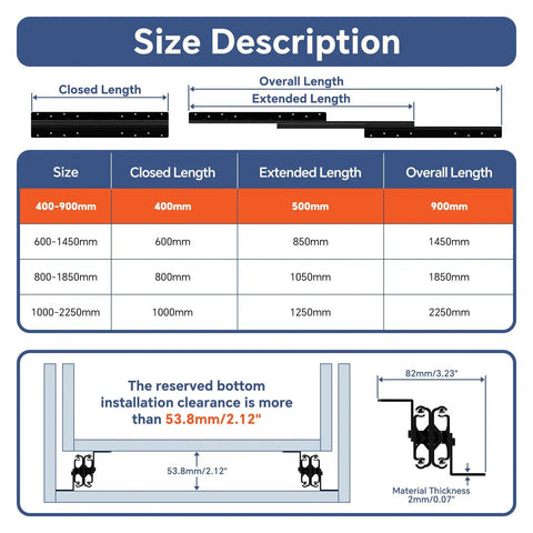 Size chart for Undermount Heavy Duty Drawer Slides 16 Inch 260 Lb Load Capacity Bottom Mount Full Extension Ball Bearing Hidden Rails