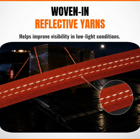 Rock Solid 15 Ft Ratchet Straps 4 Pack 1 Inch Wide showing reflective yarns for visibility in low light on trailer.