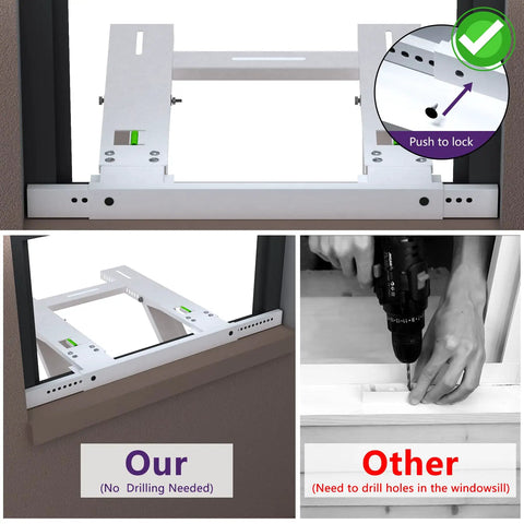 Comparison of No Drill Window Air Conditioner Bracket For 12,000 To 24,000 BTU Units with a drilled bracket in use.