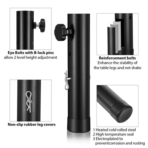Heavy Duty Folding Table Leg Extenders Four Pack Adjustable Table Risers Built Like A Tank To Level Up Your Setup Durable Carbon Steel showing height adjustment and rubber leg covers.