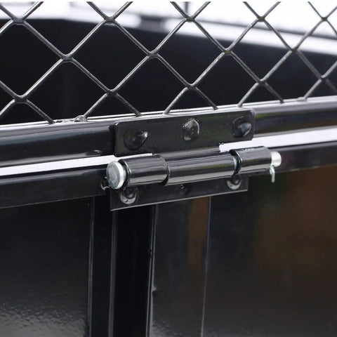 Close-up of latch on ATV Trailer Steel Dump Cart With 22 Cu Ft Capacity and 750 Lb Load, showing reinforced steel construction.