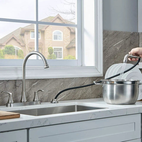 Sleek Brushed Nickel Kitchen Faucet Featuring Pull Out Side Spray Smooth Twist Valves in action while filling a pot.