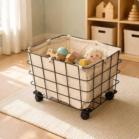 Heavy Duty Rolling Storage Basket For Toys, Smooth Swivel Caster Wheels Organizer With Removable Canvas Liner, filled with colorful toys.