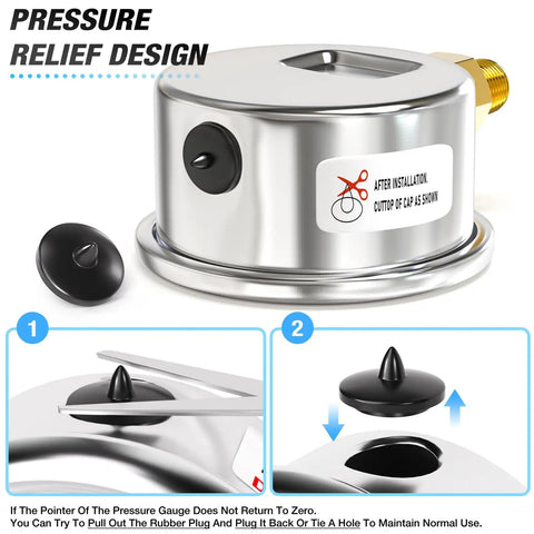Pressure relief design on stainless steel dry pressure gauge 0 to 200 psi with lower mount and waterproof features for air compressors.