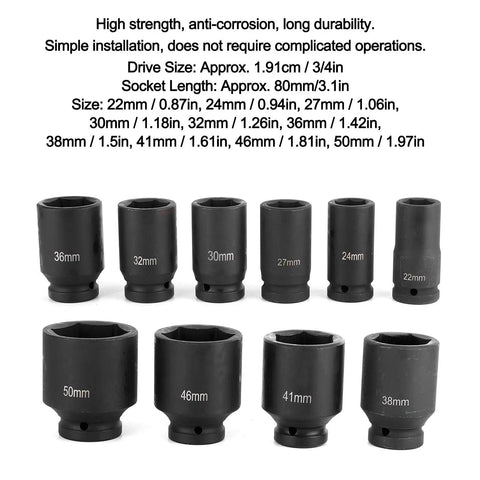 Big Grip 3/4 Inch Drive Metric Deep Impact Socket Set With CrMo Steel Heavy Duty Tool Kit For Car Auto Repair And Garage Use Includes 10 Pieces Ranging 6 To 50mm 6 Point Design Made Tough For Real Hardcore Jobs, 3/4in drive metric sockets 22-50mm