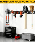 Heavy Duty Garage Tool Organizer Wall Mount 48 Inch Storage Rack with 6 Adjustable Double Hooks installed holding tools